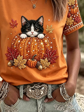 Casual Cat Crew Neck Short Sleeve T-shirt - Image 7