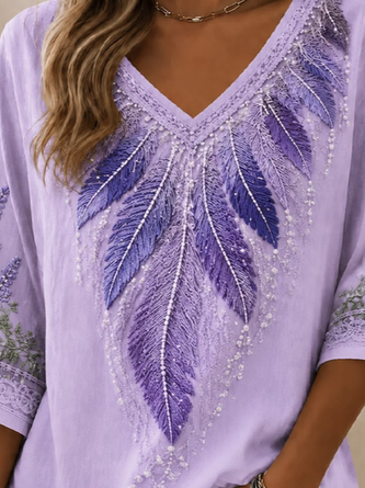 Casual Floral V Neck Half Sleeve T-shirt - Image 3