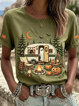 Casual Halloween (pumpkin) Crew Neck Short Sleeve T-shirt
