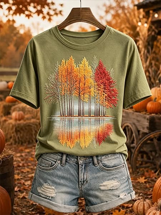 Casual Maple Leaf Crew Neck Short Sleeve T-shirt - Image 2