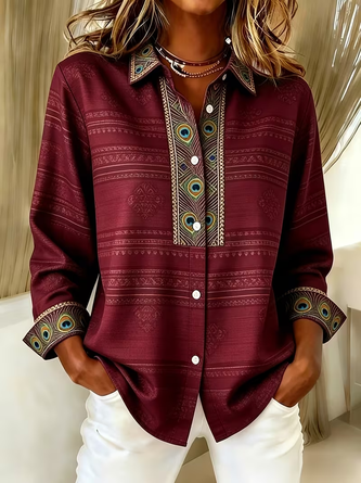 Women Abstract Casual Shirt Shirt Collar Long Sleeve Buckle Top - Image 5