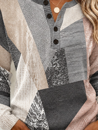 Casual Geometric Henley Collar Long Sleeve T-shirt - Image 3