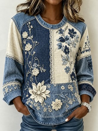 Casual Floral Crew Neck Long Sleeve Sweatshirt