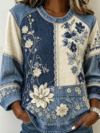 Casual Floral Crew Neck Long Sleeve Sweatshirt - Image 2
