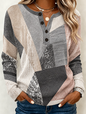 Casual Geometric Henley Collar Long Sleeve T-shirt - Image 2