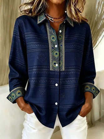 Women Abstract Casual Shirt Shirt Collar Long Sleeve Buckle Top - Image 4