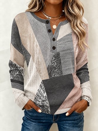 Casual Geometric Henley Collar Long Sleeve T-shirt