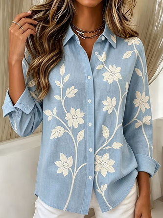 Women Floral Casual Shirt Shirt Collar Long Sleeve Buckle Top - Image 3
