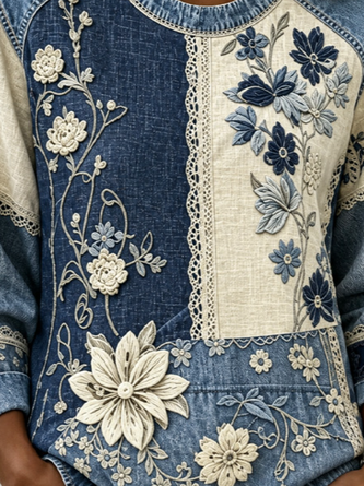 Casual Floral Crew Neck Long Sleeve Sweatshirt - Image 3