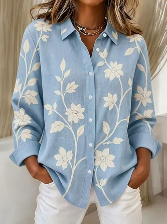 Women Floral Casual Shirt Shirt Collar Long Sleeve Buckle Top
