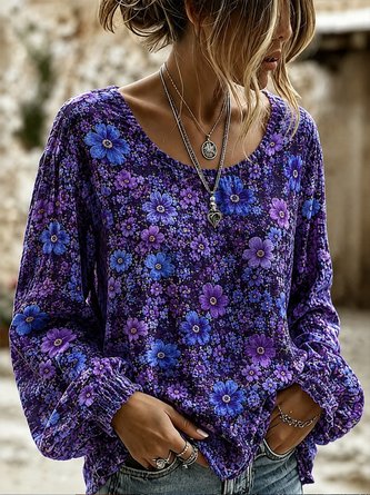 Women Floral Casual Blouse Crew Neck Long Sleeve Printing Top