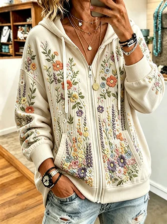 Women Spring/Fall Outerwear Casual Floral Long Sleeve Hoodie Jacket - Image 2