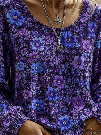 Women Floral Casual Blouse Crew Neck Long Sleeve Printing Top - Image 3