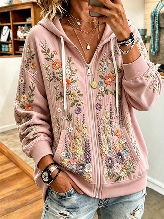 Women Spring/Fall Outerwear Casual Floral Long Sleeve Hoodie Jacket - Image 3
