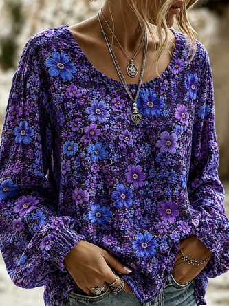 Women Floral Casual Blouse Crew Neck Long Sleeve Printing Top - Image 2