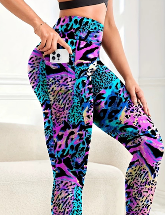 Women's High Waisted Leopard Print Yoga Pants with Pockets Tummy Control Colorful Animal Print Leggings - Image 3