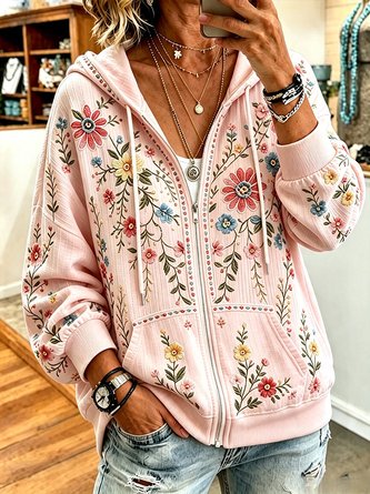 Women Spring/Fall Outerwear Casual Floral Long Sleeve Hoodie Jacket - Image 2