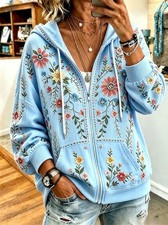 Women Spring/Fall Outerwear Casual Floral Long Sleeve Hoodie Jacket - Image 3