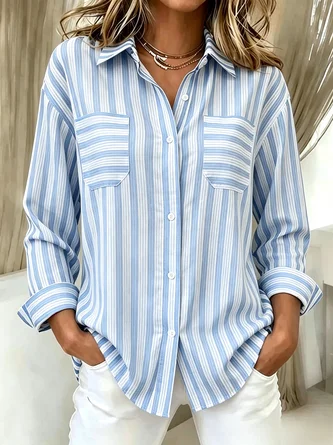 Navy White Stripe Loose Long Sleeve Women Casual Shirt - Image 5