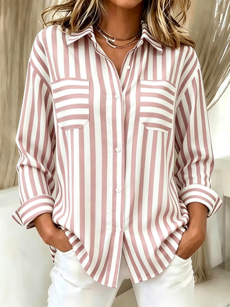 Navy White Stripe Loose Long Sleeve Women Casual Shirt - Image 2