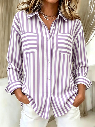 Navy White Stripe Loose Long Sleeve Women Casual Shirt - Image 4