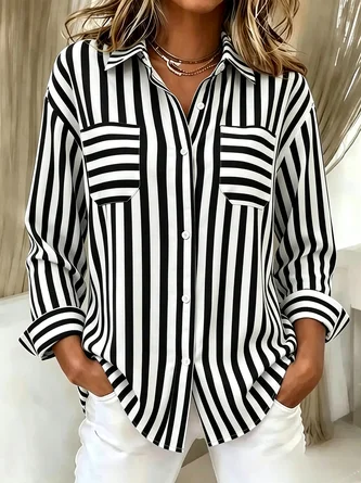 Navy White Stripe Loose Long Sleeve Women Casual Shirt - Image 6