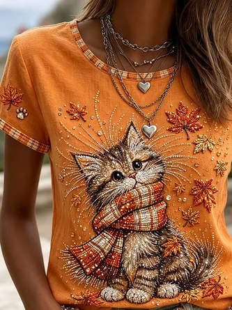 Casual Cute Cat Crew Neck Short Sleeve T-shirt - Image 2