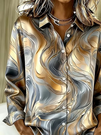 Women Abstract Casual Shirt Shirt Collar Long Sleeve Buckle Top - Image 2