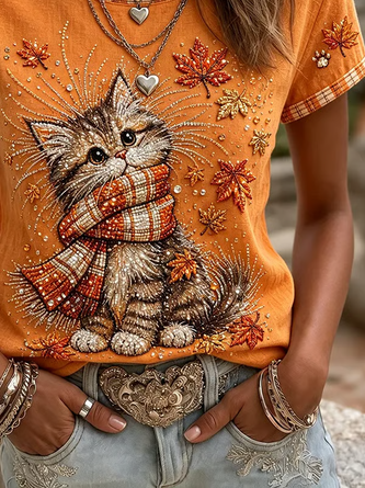 Casual Cute Cat Crew Neck Short Sleeve T-shirt - Image 3