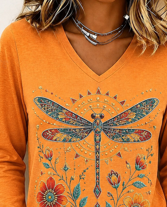 Vintage Floral Dragonfly Printing V Neck Long Sleeve T-shirt - Image 2