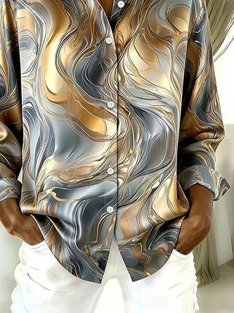 Women Abstract Casual Shirt Shirt Collar Long Sleeve Buckle Top - Image 3