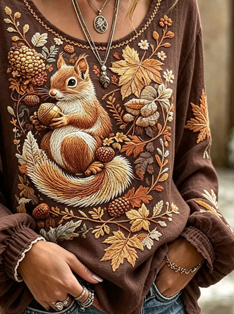 Women Animal Casual Blouse Crew Neck Long Sleeve Printing Top - Image 3
