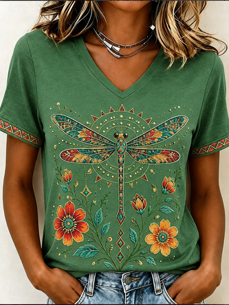 Vintage Geometric V Neck Short Sleeve T-shirt - Image 5