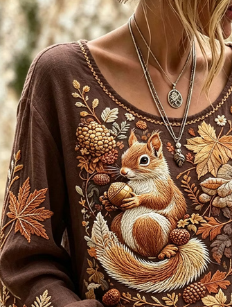 Women Animal Casual Blouse Crew Neck Long Sleeve Printing Top - Image 2