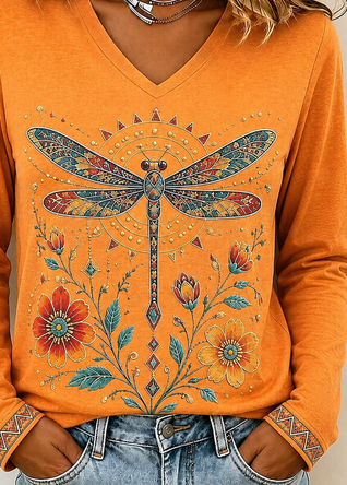 Vintage Floral Dragonfly Printing V Neck Long Sleeve T-shirt - Image 3
