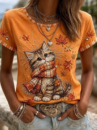 Casual Cute Cat Crew Neck Short Sleeve T-shirt
