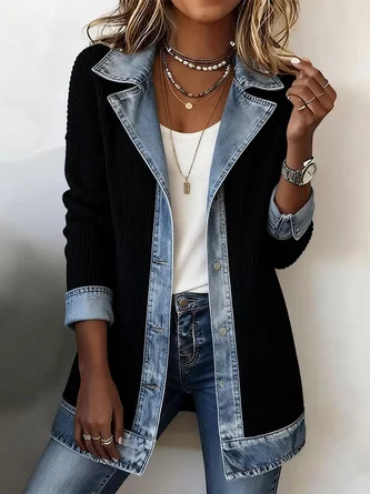 Women Spring/Fall Outerwear Vintage Split Joint Contrast Stitching Long Sleeve Lapel Collar Jacket - Image 7