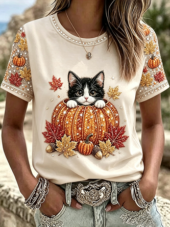 Casual Cat Crew Neck Short Sleeve T-shirt - Image 4