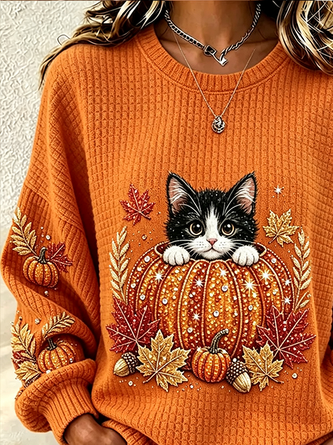 Casual Cat Crew Neck Long Sleeve Sweatshirt - Image 6
