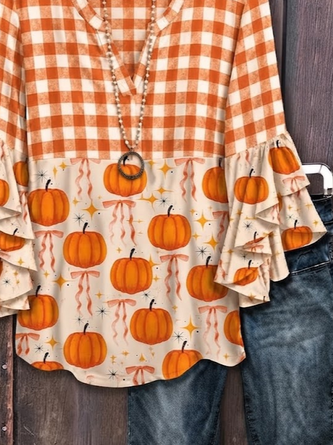 Women Plaid Casual Shirt V Neck Half Sleeve Printing Top - Image 3