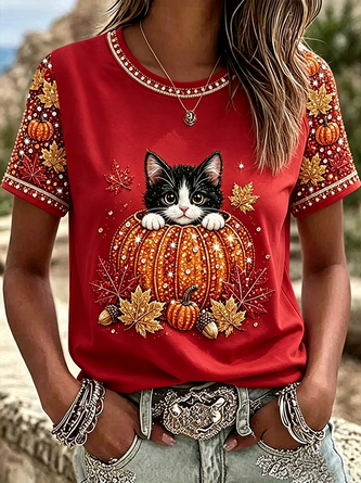 Casual Cat Crew Neck Short Sleeve T-shirt - Image 2