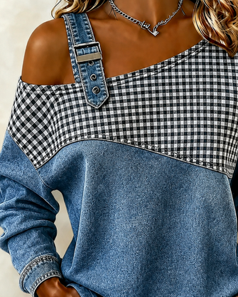 Casual Plaid Asymmetrical Long Sleeve Sweatshirt - Image 2