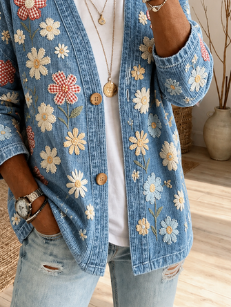 Women Spring/Fall Outerwear Casual Printing Floral Long Sleeve Jacket - Image 3