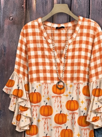 Women Plaid Casual Shirt V Neck Half Sleeve Printing Top - Image 2