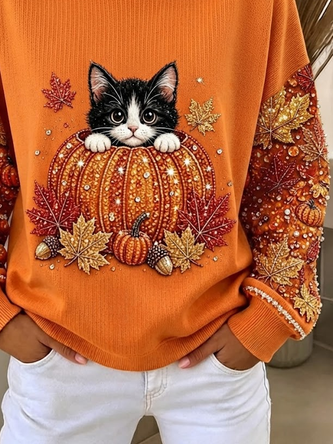 Casual Cat Crew Neck Long Sleeve Sweatshirt - Image 3