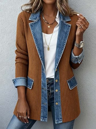Women Spring/Fall Outerwear Vintage Split Joint Contrast Stitching Long Sleeve Lapel Collar Jacket - Image 2