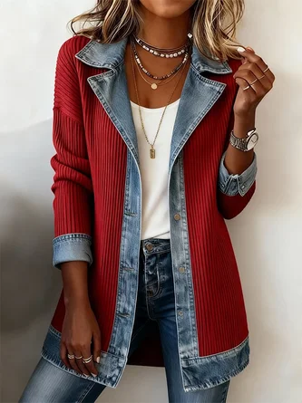Women Spring/Fall Outerwear Vintage Split Joint Contrast Stitching Long Sleeve Lapel Collar Jacket - Image 3