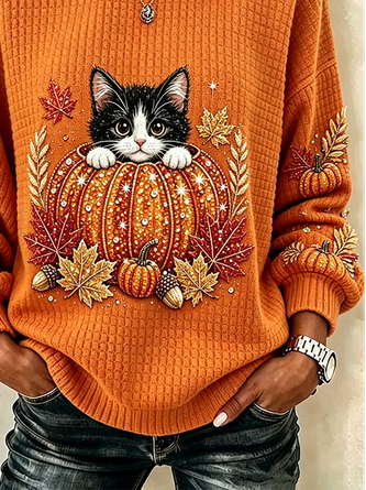 Casual Cat Crew Neck Long Sleeve Sweatshirt - Image 7