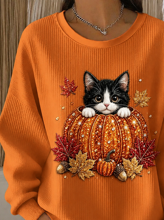 Casual Cat Crew Neck Long Sleeve Sweatshirt - Image 6
