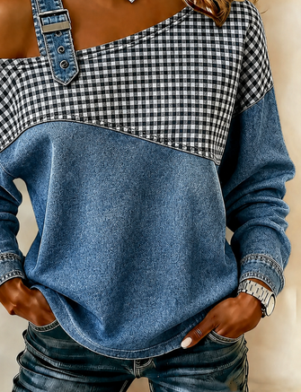 Casual Plaid Asymmetrical Long Sleeve Sweatshirt - Image 3